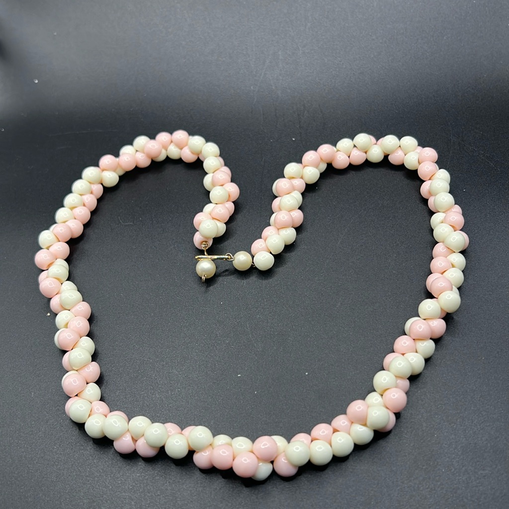 Vintage Japan Cream And Pink Cluster Bead Necklace